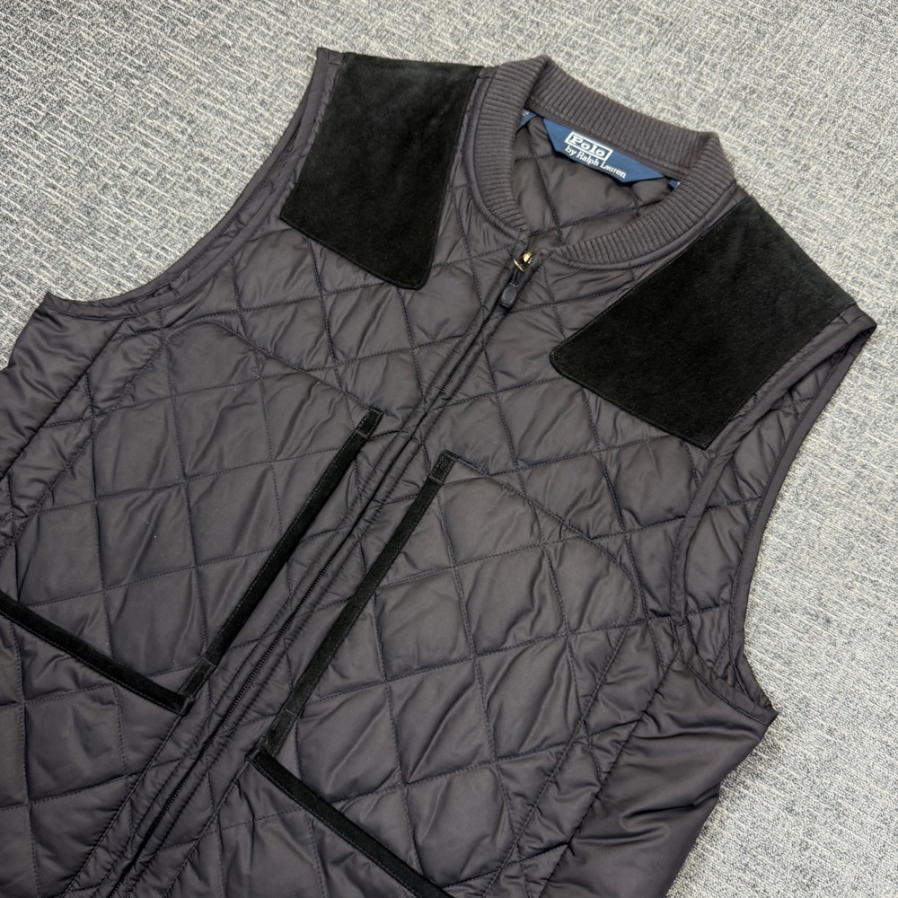 Polo Ralph Lauren Vest Mens M Black Quilted Suede Trim Hunting Shooting